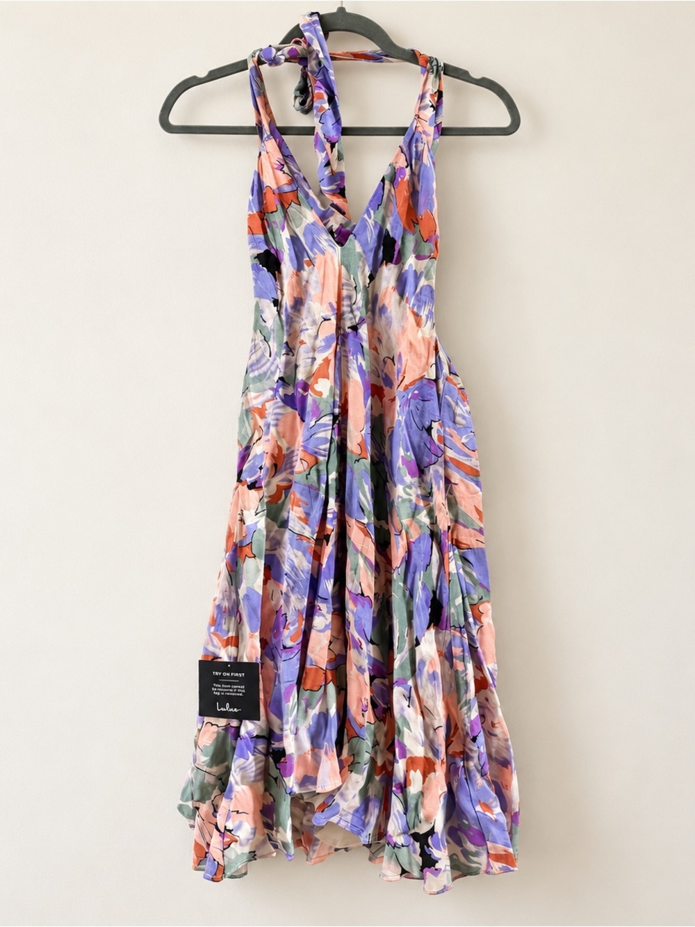 Lulu's Floral Tie-Shoulder Midi Dress in Purple, Peach & Green